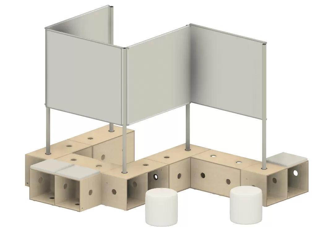 8 boxů ACTIVE Box 2, 16 podstavných křížů ACTIVE, 24 konektorů ACTIVE, 5 trubic zobrazovacího systému ACTIVE, 5 adaptérů trubic ACTIVE, 4 desky MOVING BOARD 1200 x 1000, 3 polštáře ACTIVE Box, 2 válce stoličky ACTIVE. FLÖTOTTO - ACTIVE Säulenrohr für Ausstellungssystem