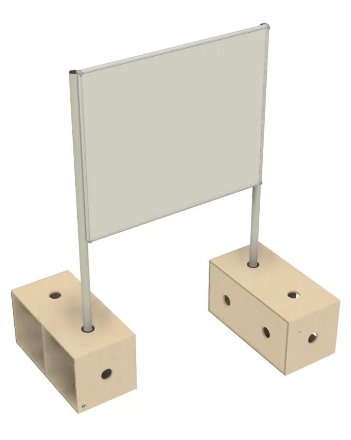 2 ACTIVE Box 2s, 4 základní kříže ACTIVE, 4 konektory ACTIVE, 2 trubice zobrazovacího systému ACTIVE, 2 adaptéry trubic ACTIVE, 1 pohyblivá deska 1200 x 1000 mm. FLÖTOTTO - ACTIVE Säulenrohr für Ausstellungssystem