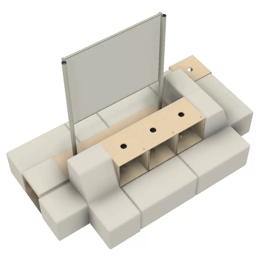 5 dvousedadlových boxů ACTIVE Box, 2 jednosedadlové boxy ACTIVE Box, 9 podstavcových křížů ACTIVE, 13 konektorů ACTIVE, 2 trubky zobrazovacího systému ACTIVE, 2 adaptéry trubek ACTIVE, 1 pohyblivá deska 1200 x 1000, 1 čalounění boxu ACTIVE, 3 sedadla ACTIVE, 4 lavice ACTIVE, 3 kostky stoličky ACTIVE. FLÖTOTTO - ACTIVE Säulenrohr für Ausstellungssystem