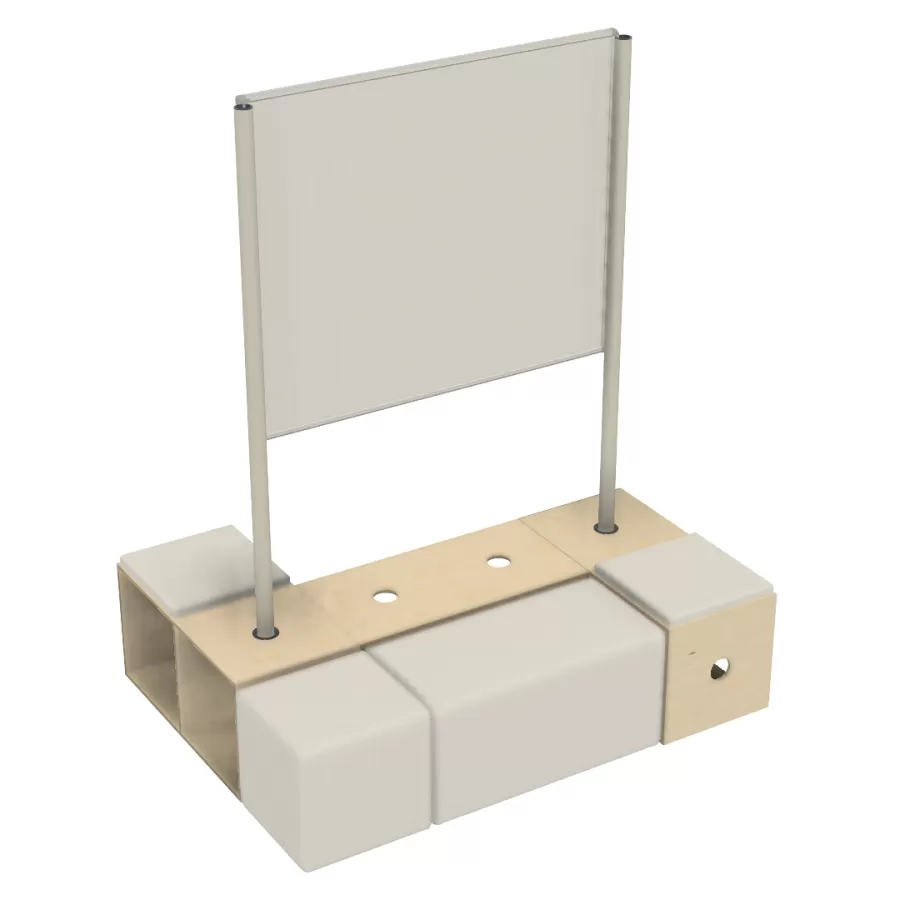 3 ACTIVE Box 2s, 6 podstavných křížů ACTIVE, 8 konektorů ACTIVE, 2 trubice zobrazovacího systému ACTIVE, 2 adaptéry trubic ACTIVE, 1 MOVING BOARD 1200 x 1000, 1 polštářek ACTIVE Box, 1 lavička ACTIVE, 1 kostka stoličky ACTIVE. FLÖTOTTO - ACTIVE Säulenrohr für Ausstellungssystem