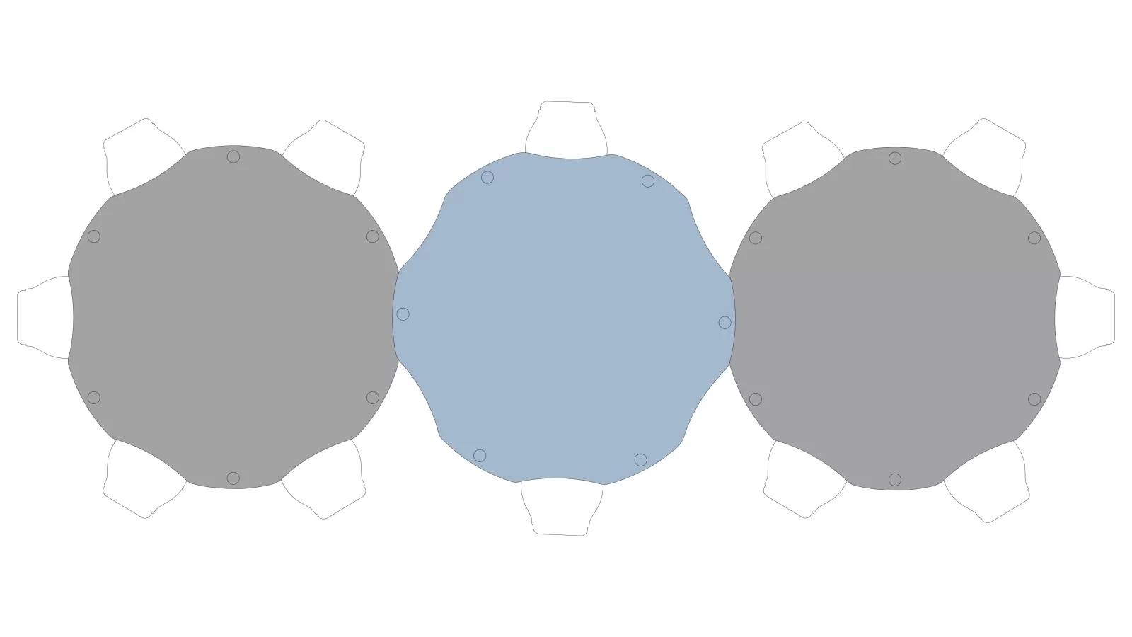Reihenarbeitsplätze mit 3 Tischen und 12 Arbeitsplätzen FLÖTOTTO - FLEX TABLE-Flower Gruppentisch